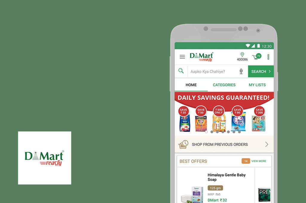 a smartphone with d-mart app opened