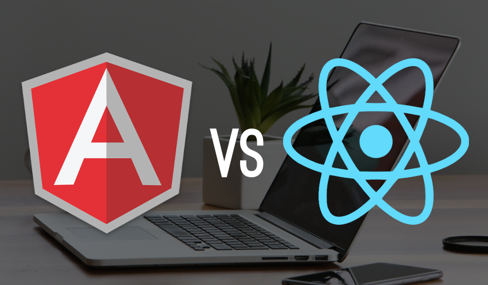angular vs react logo on a laptop background
