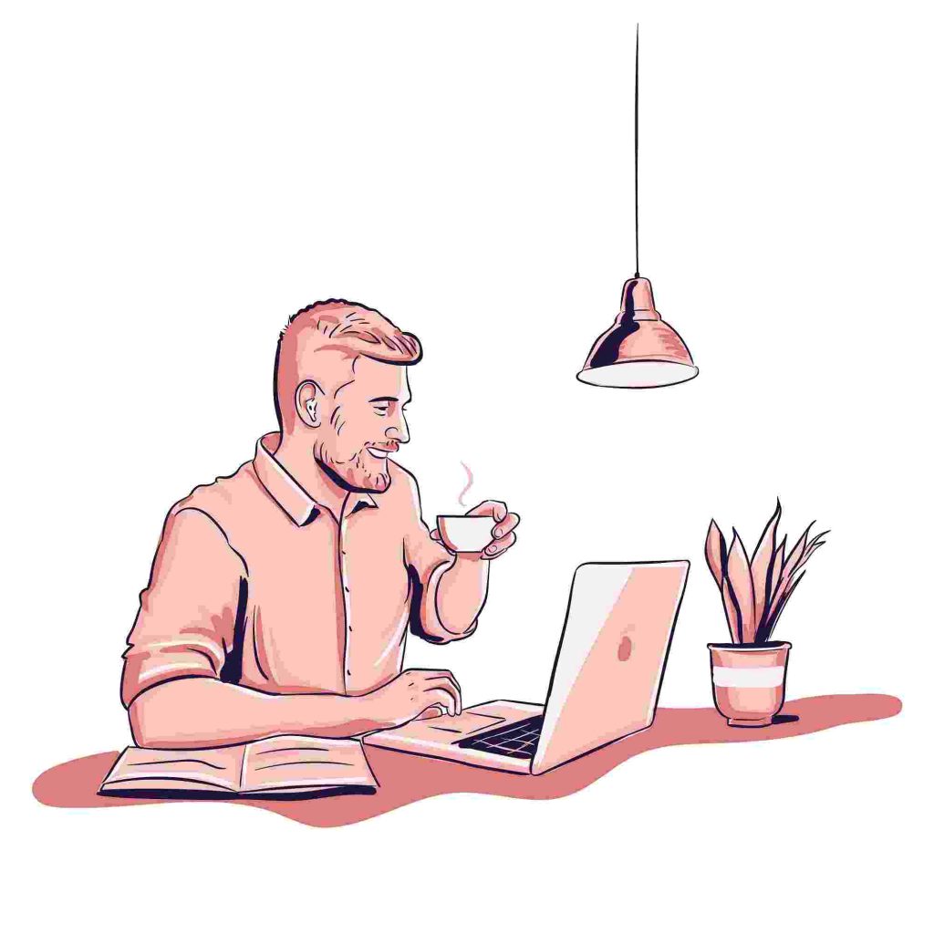 a freelancer working on laptop and drinking coffee