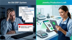 A split-screen illustration contrasting two work environments. On the left, titled "An Old ERP System," a stressed businessman sits at a desk with many overlapping software windows and a red "System Error - Inventory Variance Detected" alert. On the right, titled "Jewelry Production," a smiling woman in a workshop uses a modern tablet to scan a QR code on a jewelry piece, showing a green checkmark for a successful scan