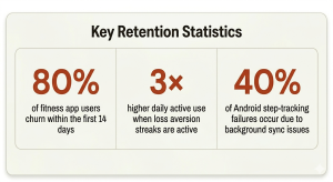 An infographic showing three statistics: 80% of fitness app users churn within 14 days; loss aversion streaks lead to 3x higher daily active use; and 40% of Android step-tracking failures are caused by background sync issues.