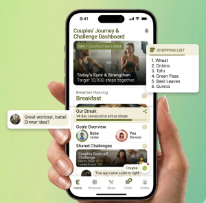 A hand holding a smartphone displaying a "Couples' Journey & Challenge Dashboard." The app features a shared 14-day streak, a 10,000-step joint challenge, a shared shopping list, and a chat notification from a partner.