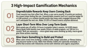 An infographic highlighting three strategies: using unpredictable rewards (15-20% of the time), layering short-term wins over long-term goals, and giving users a profile or history to build and protect.