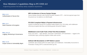 A chart titled "How Mindster's Capabilities Map to PCI DSS 4.0." It aligns specific engineering practices with compliance requirements: Req. 6 & 8: MFA architecture and secure system design featuring biometric auth and device binding. Req. 3 & 4: Compliant wallet and payment infrastructure using FSS India engines. Req. 10 & 12: Middleware-level audit trails and real-time reconciliation. Req. 2 & 11: Defined CDE boundaries and VAPT (Vulnerability Assessment and Penetration Testing) conducted before launch.