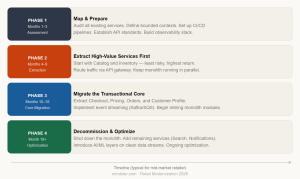 Four-phase timeline for migrating retail systems from a monolith to microservices. 