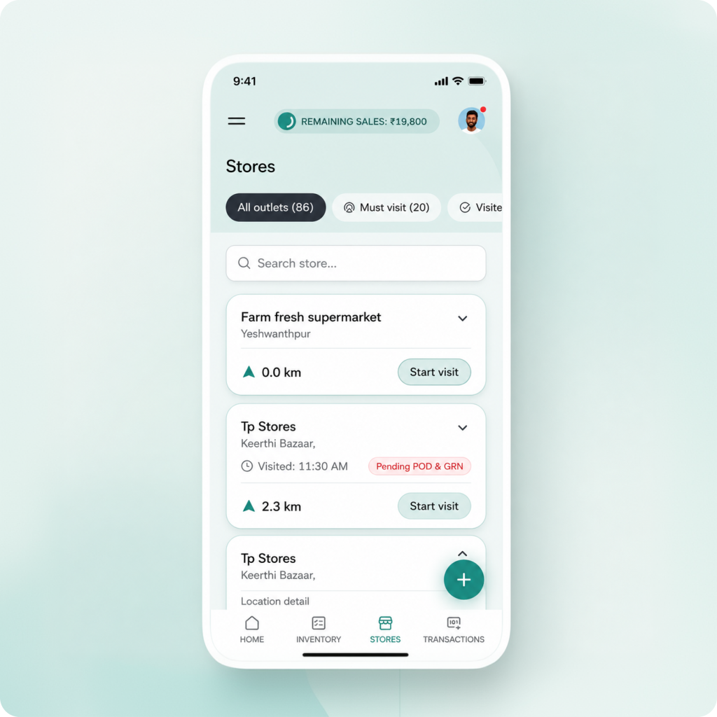 Mobile interface for managing retail store visits, tracking outlet coverage, and monitoring field sales activities.